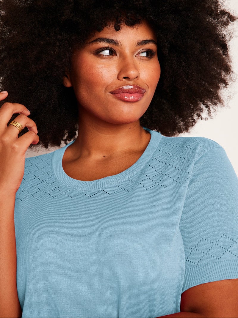 Pull fin manches courtes ajouré - Afibel Bleu - Kiabi