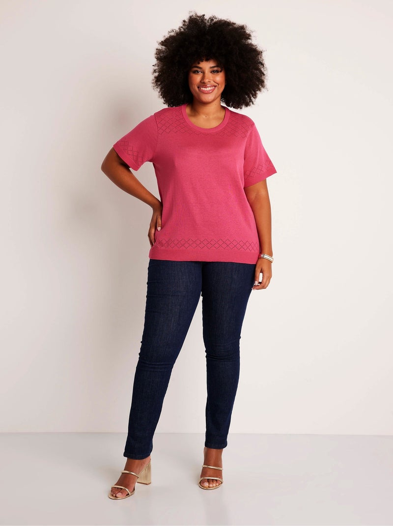 Pull fin manches courtes ajouré - Afibel Rose - Kiabi