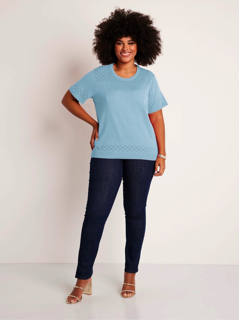 Pull fin manches courtes ajouré Bleu - Kiabi