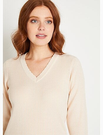 Pull fin uni maille côtelée col V - Afibel