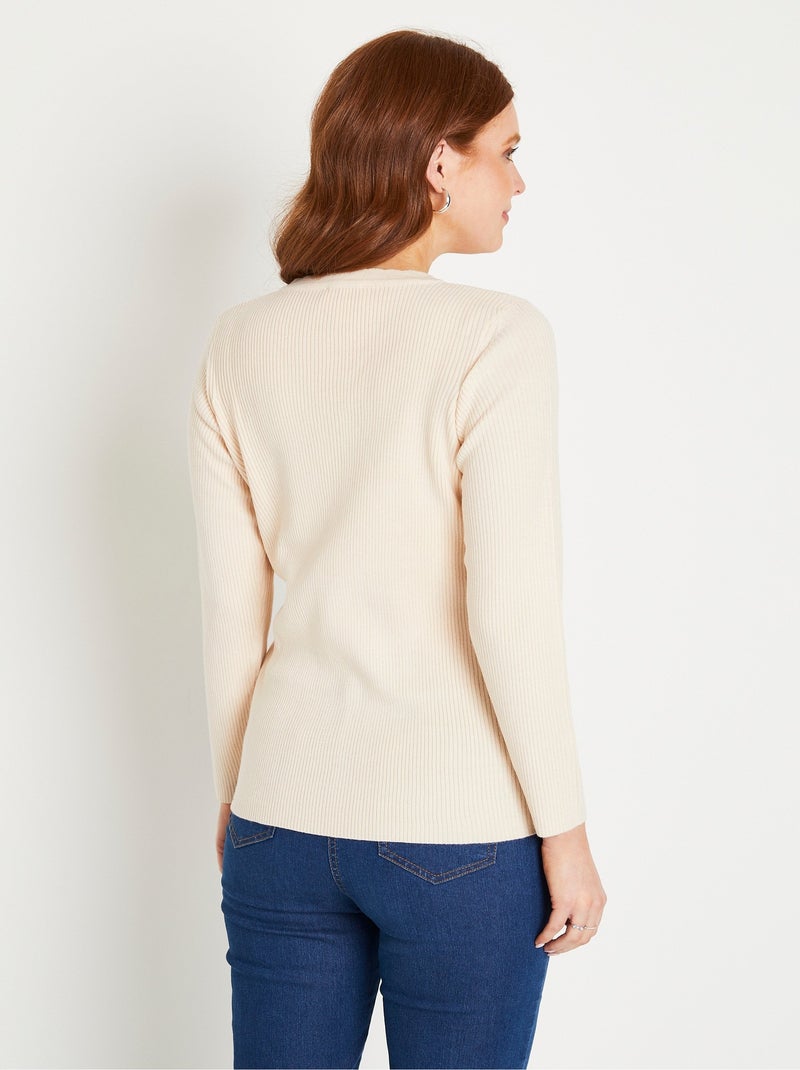 Pull fin uni maille côtelée col V - Afibel Beige - Kiabi