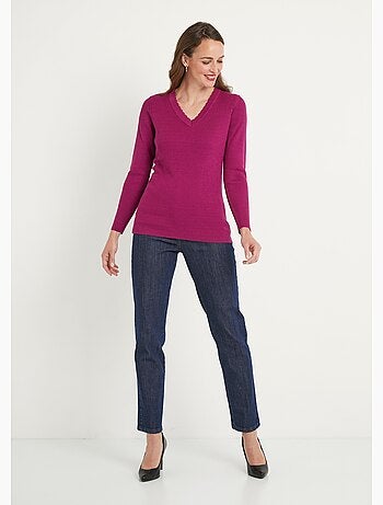 Pull fin uni maille côtelée col V - Afibel