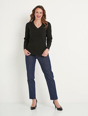 Pull fin uni maille côtelée col V - Afibel