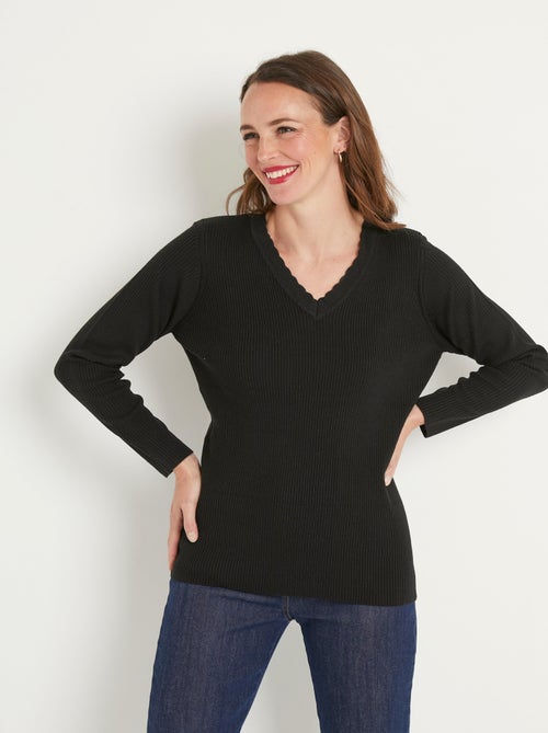 Pull fin uni maille côtelée col V - Afibel - Kiabi