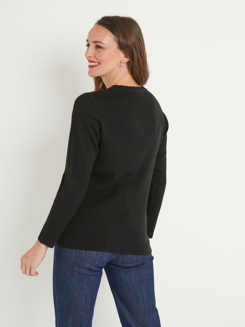 Pull fin uni maille côtelée col V - Afibel Noir - Kiabi