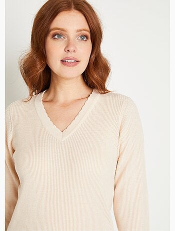 Pull fin uni maille côtelée col V