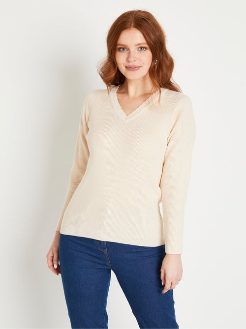 Pull fin uni maille côtelée col V - Kiabi