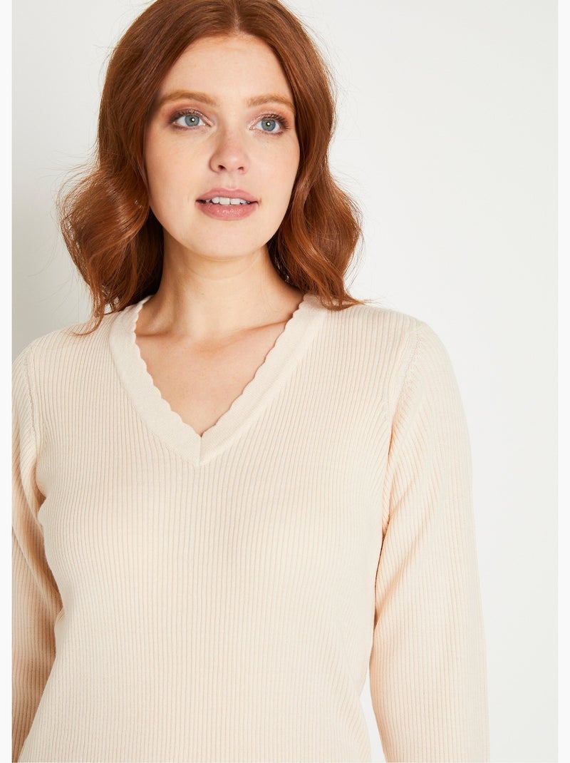 Pull fin uni maille côtelée col V Beige - Kiabi