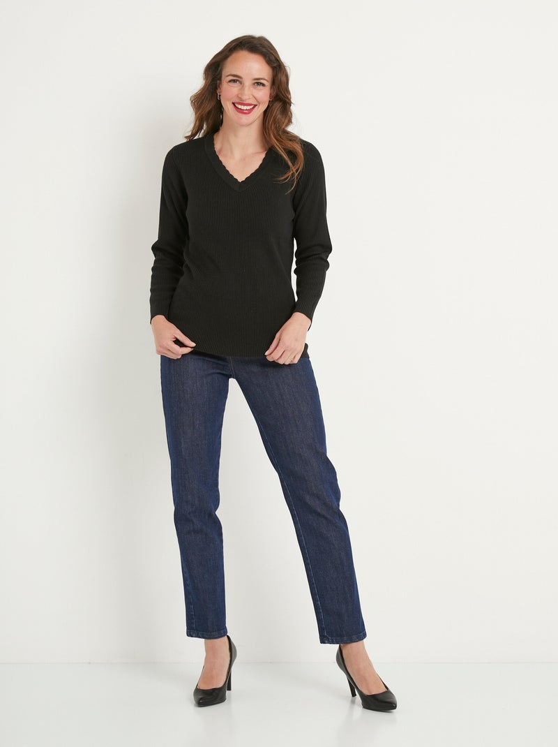 Pull fin uni maille côtelée col V Noir - Kiabi