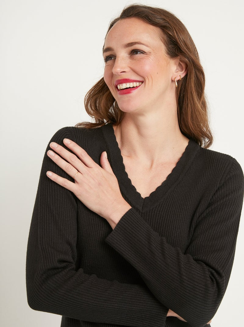 Pull fin uni maille côtelée col V Noir - Kiabi