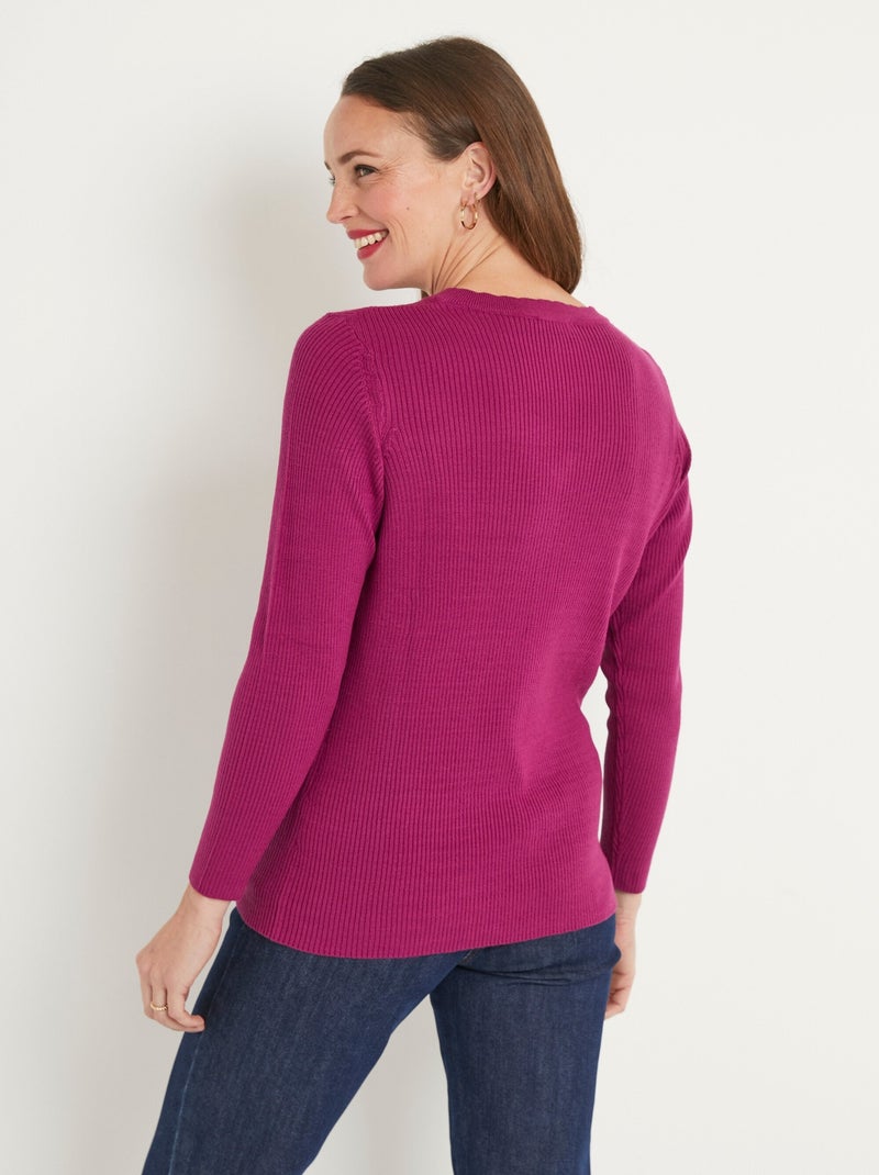 Pull fin uni maille côtelée col V Rose - Kiabi