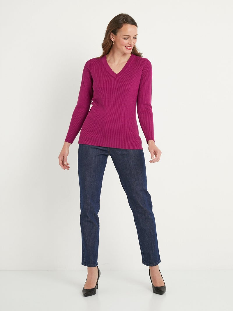 Pull fin uni maille côtelée col V Rose - Kiabi