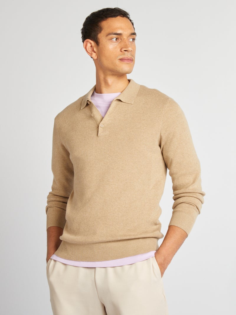 Pull fine jauge col polo boutonné BEIGE - Kiabi