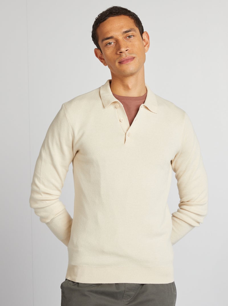 Pull fine jauge col polo boutonné Blanc - Kiabi