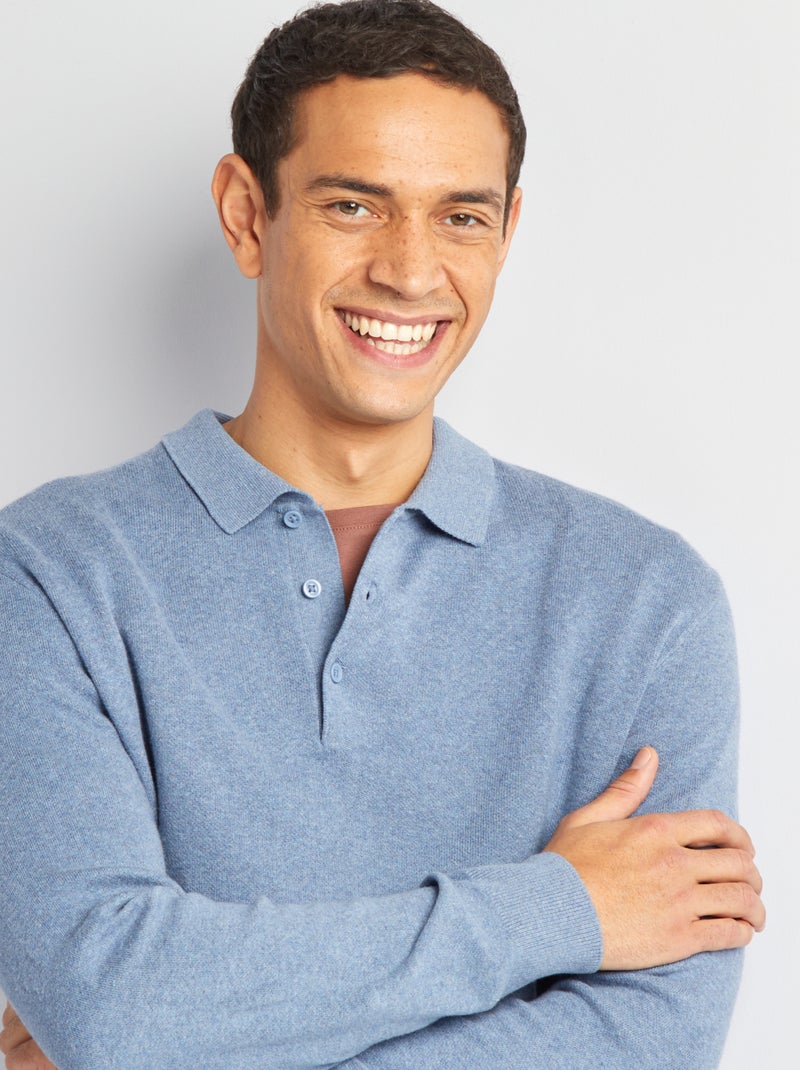 Pull fine jauge col polo boutonné Bleu - Kiabi