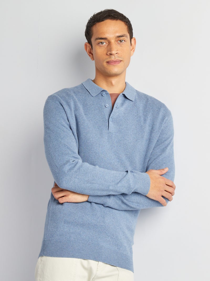 Pull fine jauge col polo boutonné Bleu - Kiabi