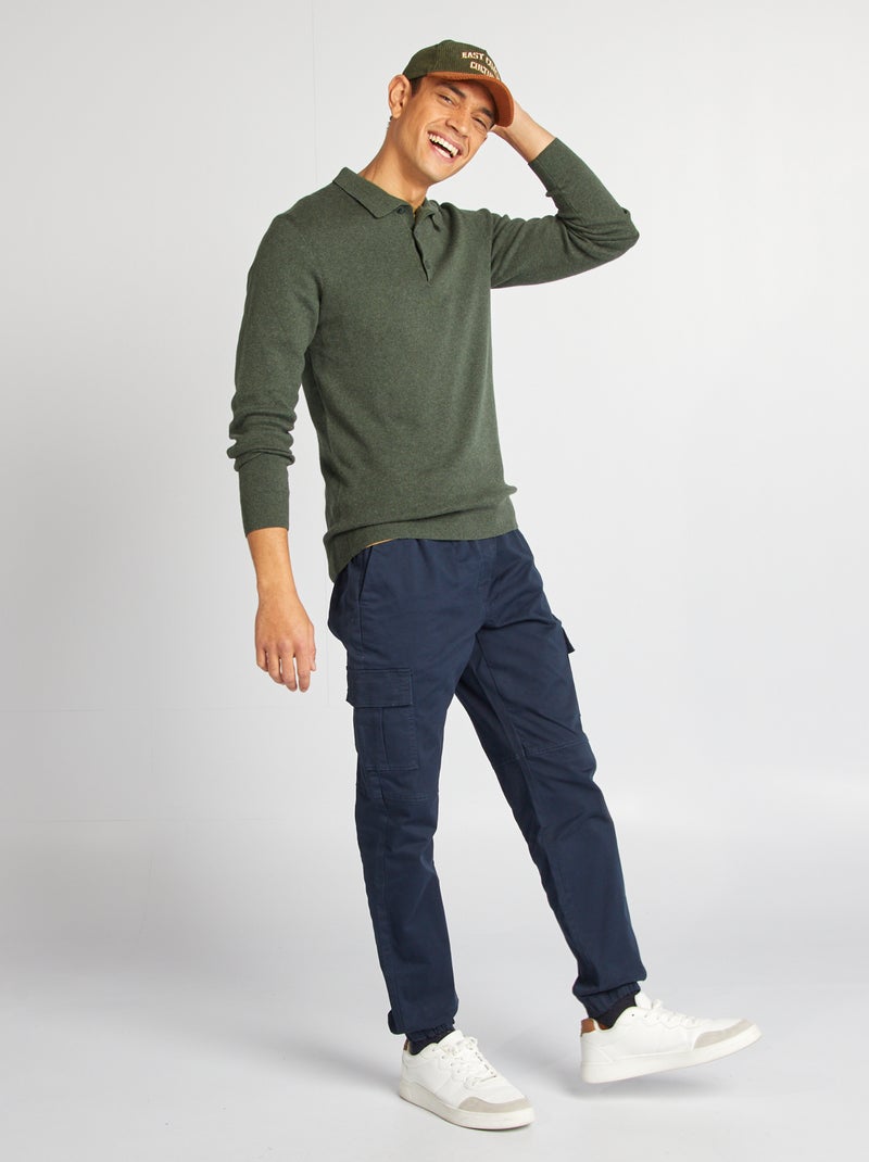 Pull fine jauge col polo boutonné Kaki - Kiabi