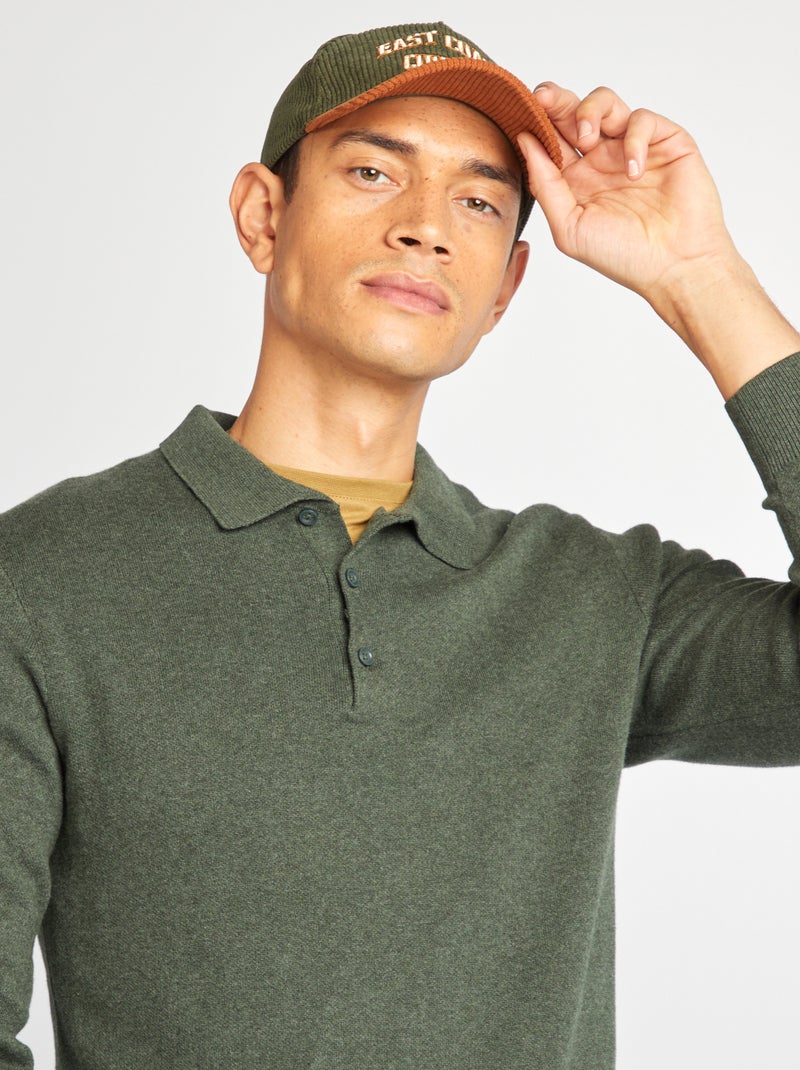 Pull fine jauge col polo boutonné Kaki - Kiabi