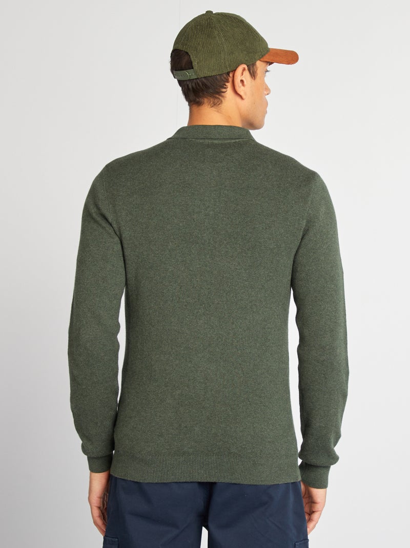 Pull fine jauge col polo boutonné Kaki - Kiabi