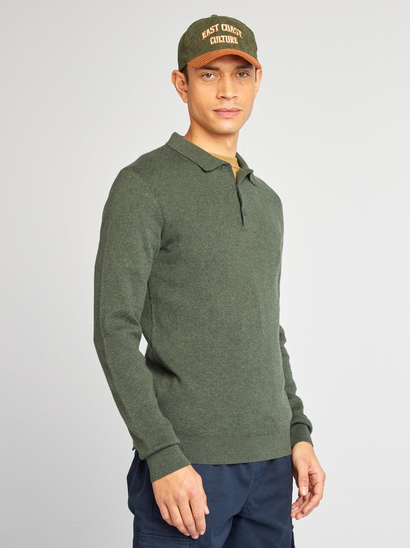 Pull fine jauge col polo boutonné Kaki - Kiabi