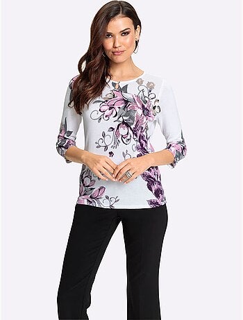Pull floral en viscose ecovero col rond et manches trois quarts - taille standard - witt