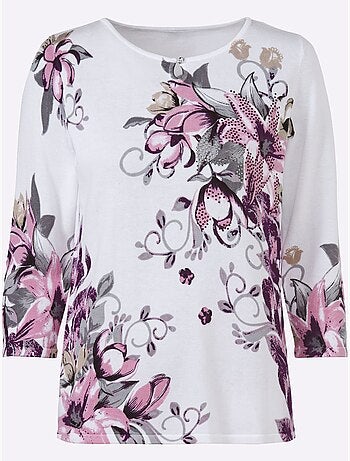 Pull floral en viscose ecovero col rond et manches trois quarts - taille standard - witt