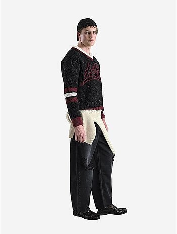 Pull giesto comfort fit en maille épaisse à col en v avec imprimé devise