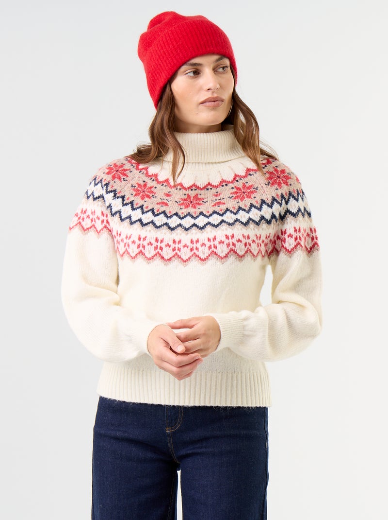 Pull grosse jauge jacquard Beige - Kiabi