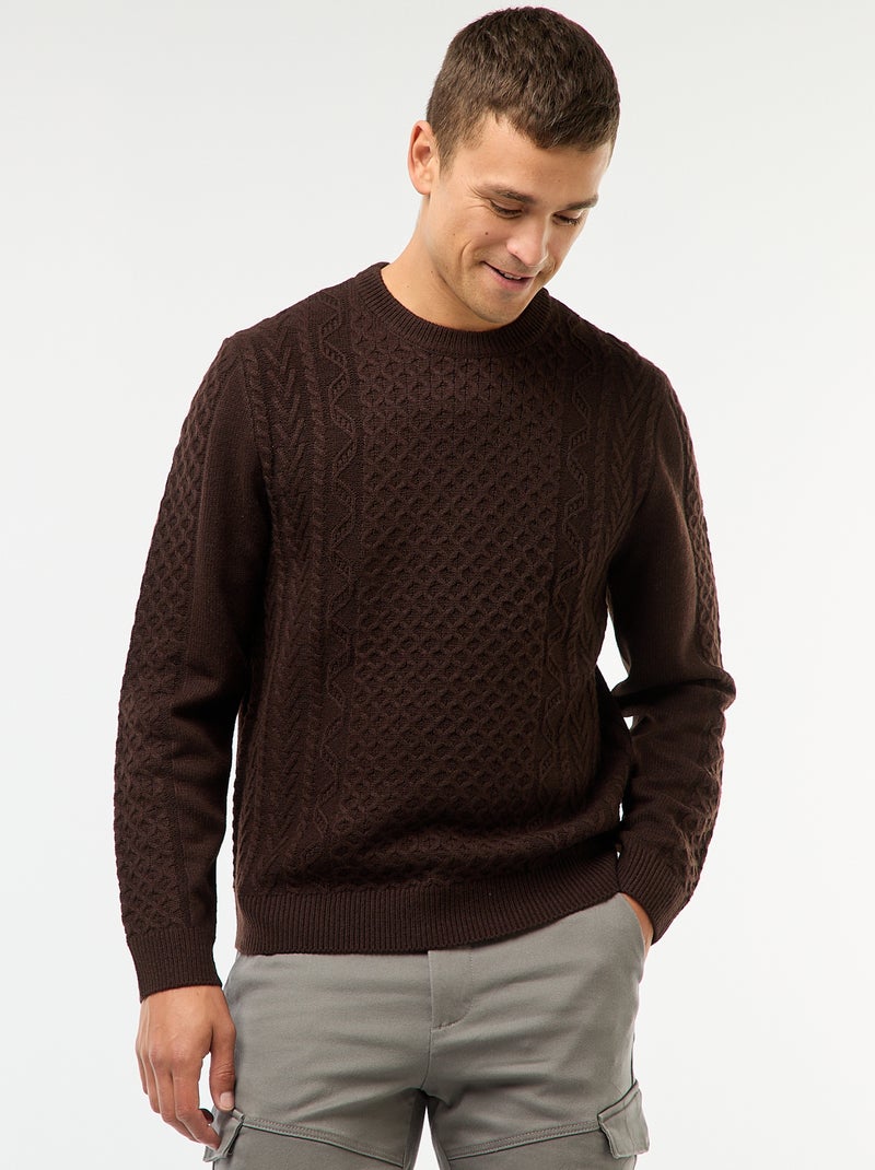 Pull grosse torsade uni Marron - Kiabi