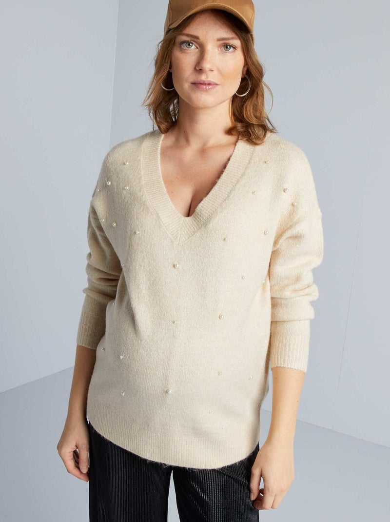 Pull grossesse en maille tricot et perles Beige - Kiabi