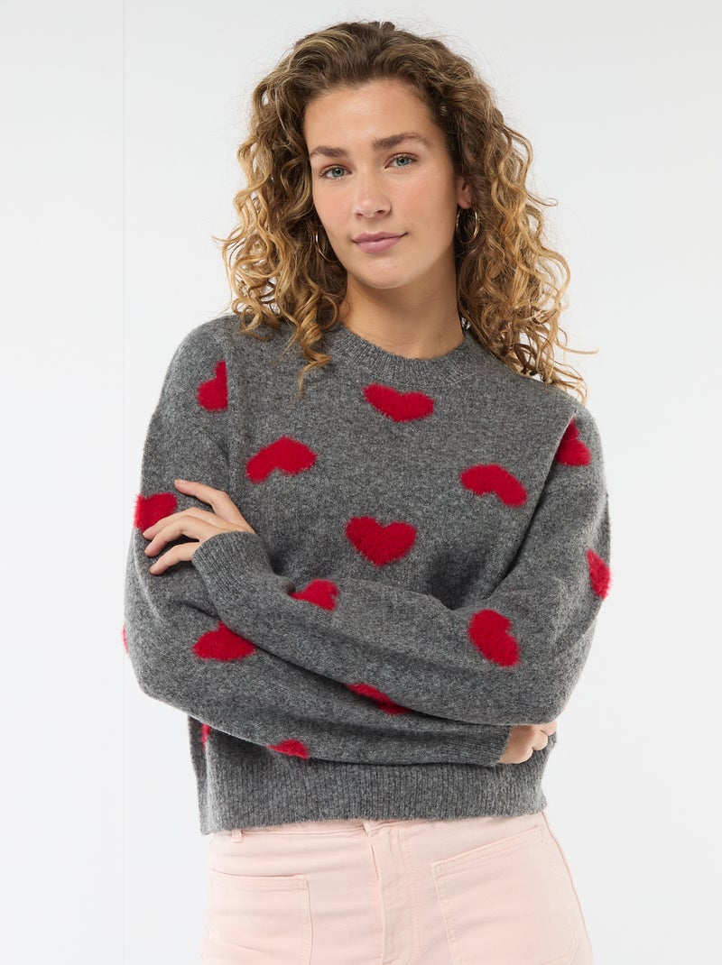 Pull jacquard à cœurs Gris - Kiabi
