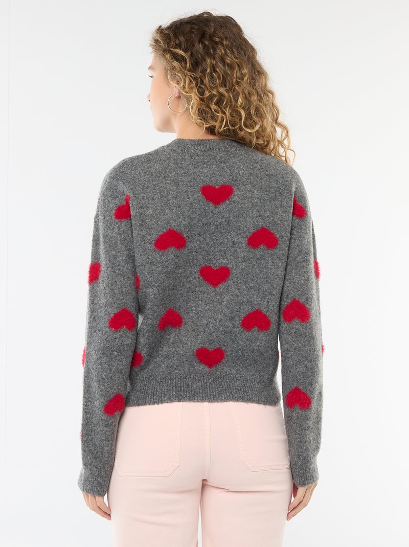 Pull jacquard à cœurs Gris - Kiabi
