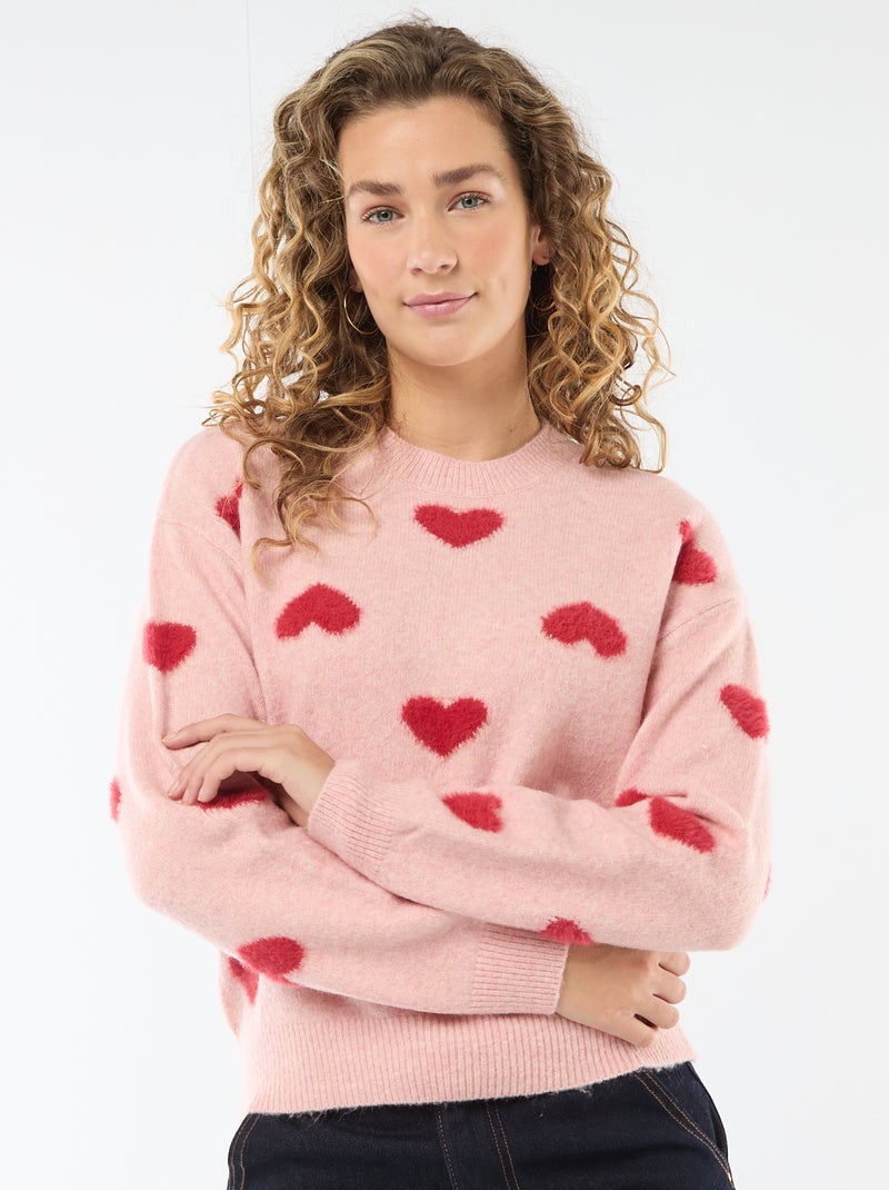 Pull jacquard à cœurs Rose - Kiabi