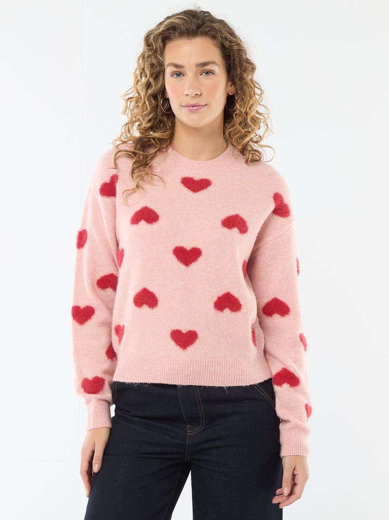 Pull jacquard à cœurs Rose - Kiabi