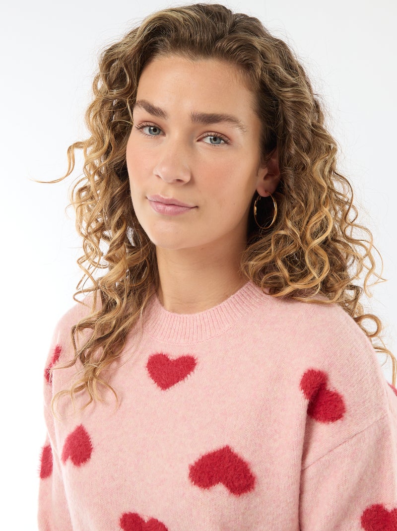 Pull jacquard à cœurs Rose - Kiabi