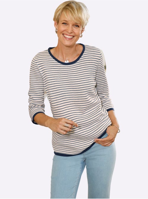 Pull jacquard à col rond et manches 3/4 avec motif rayé - Taille standard - Moda Vilona - Kiabi Pull jacquard à col rond et manches 3/4 avec motif rayé - Taille standard - Moda Vilona - Kiabi