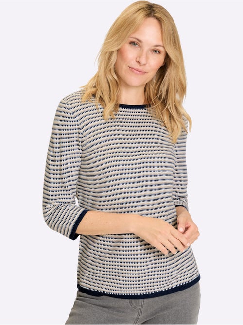 Pull jacquard à col rond et manches 3/4 avec motif rayé - Taille standard - Moda Vilona - Kiabi Pull jacquard à col rond et manches 3/4 avec motif rayé - Taille standard - Moda Vilona - Kiabi
