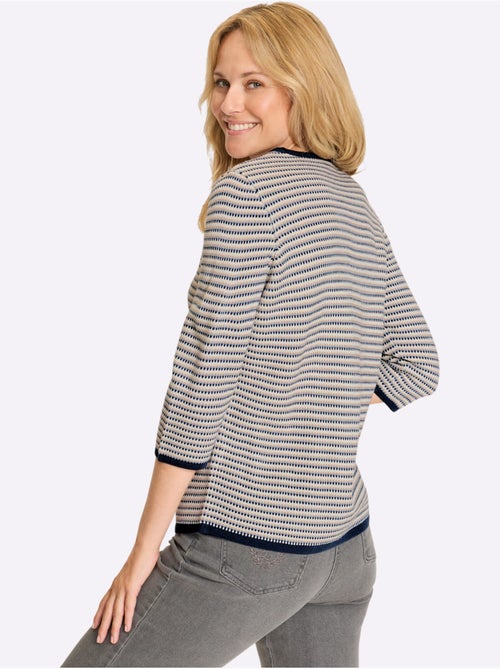 Pull jacquard à col rond et manches 3/4 avec motif rayé - Taille standard - Moda Vilona - Kiabi Pull jacquard à col rond et manches 3/4 avec motif rayé - Taille standard - Moda Vilona - Kiabi