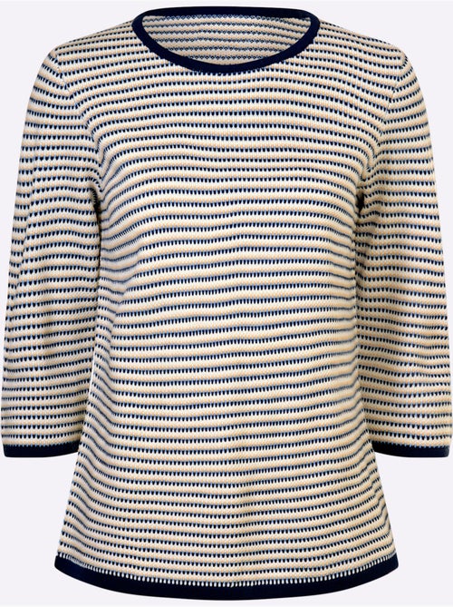 Pull jacquard à col rond et manches 3/4 avec motif rayé - Taille standard - Moda Vilona - Kiabi Pull jacquard à col rond et manches 3/4 avec motif rayé - Taille standard - Moda Vilona - Kiabi