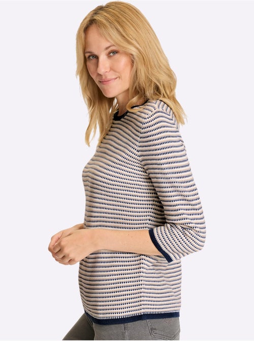 Pull jacquard à col rond et manches 3/4 avec motif rayé - Taille standard - Moda Vilona - Kiabi Pull jacquard à col rond et manches 3/4 avec motif rayé - Taille standard - Moda Vilona - Kiabi
