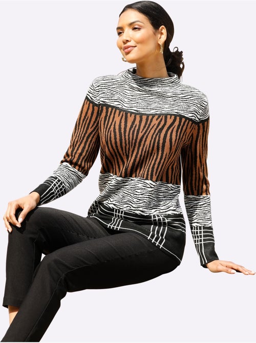 Pull jacquard avec col corolle et manches longues à imprimé animal - Taille standard - Moda Vilona - Kiabi Pull jacquard avec col corolle et manches longues à imprimé animal - Taille standard - Moda Vilona - Kiabi