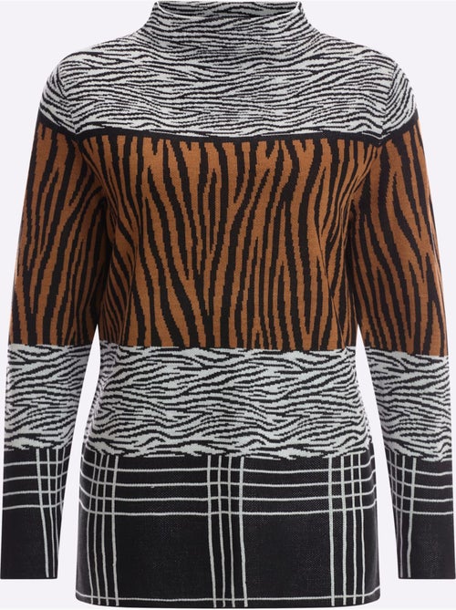 Pull jacquard avec col corolle et manches longues à imprimé animal - Taille standard - Moda Vilona - Kiabi Pull jacquard avec col corolle et manches longues à imprimé animal - Taille standard - Moda Vilona - Kiabi