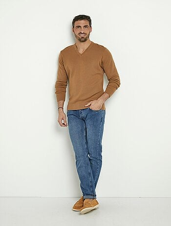 Pull jacquard col V chaud en laine mérinos