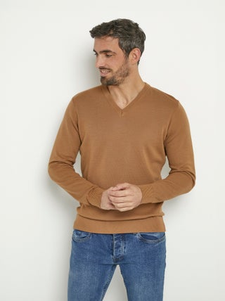 Pull jacquard col V chaud en laine mérinos