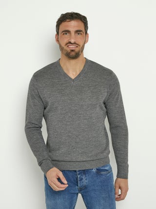 Pull jacquard col V chaud en laine mérinos