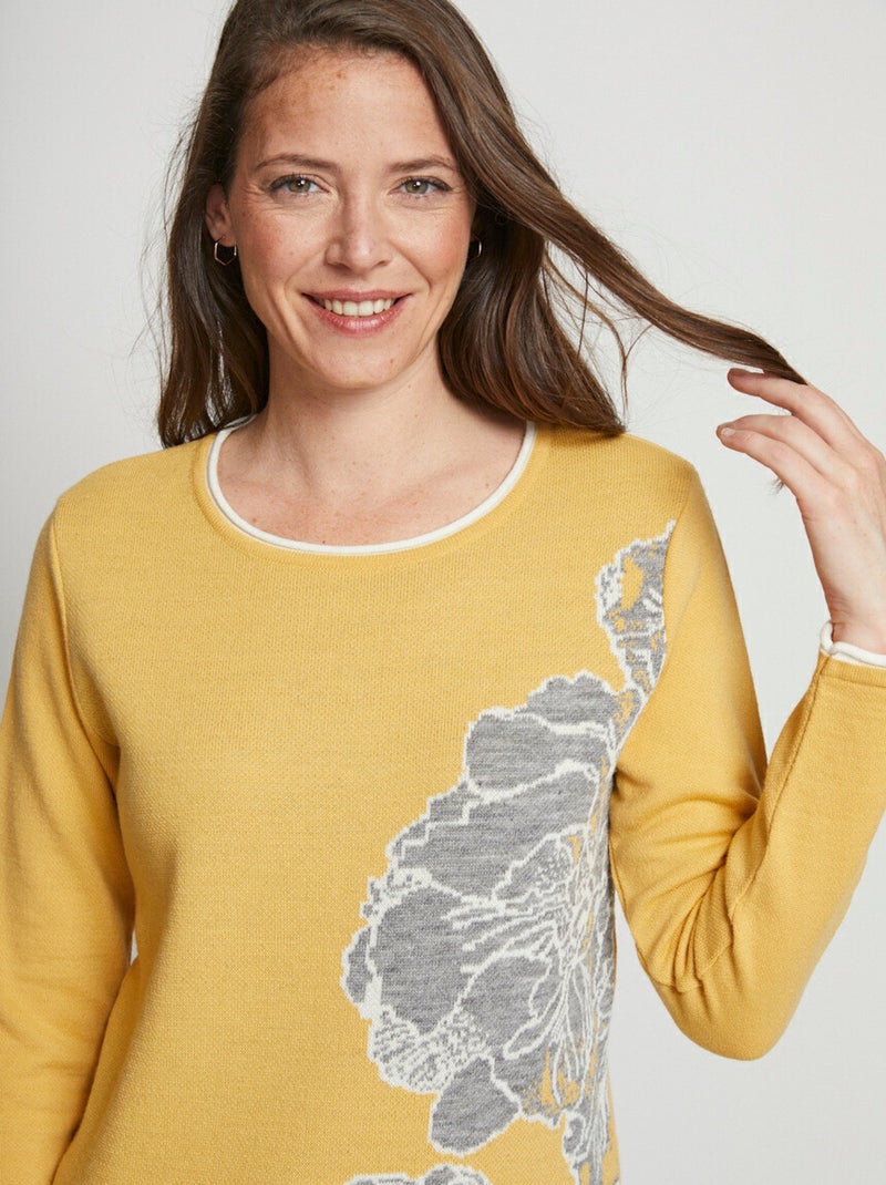 Pull jacquard floral col rond avec laine - Afibel Miel - Kiabi