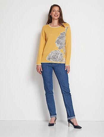 Pull jacquard floral col rond avec laine