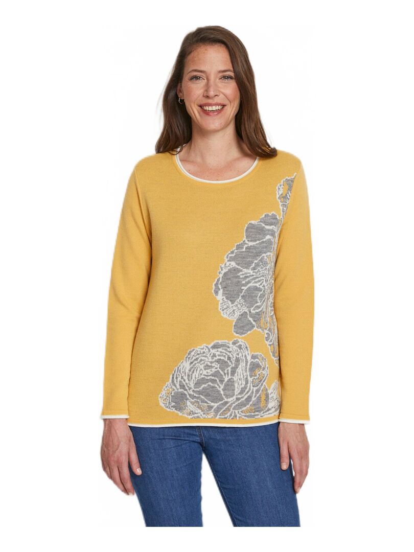 Pull jacquard floral col rond avec laine Jaune - Kiabi