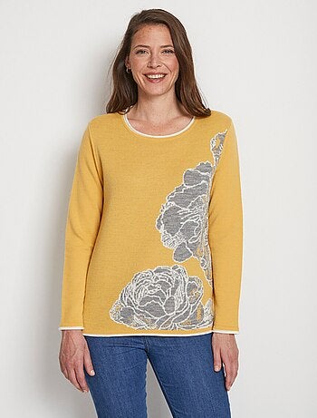 Pull jacquard floral col rond avec laine
