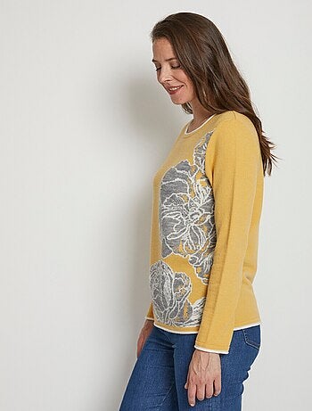 Pull jacquard floral col rond avec laine